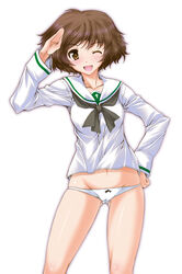  ;d akiyama_yukari ass_visible_through_thighs blouse blush bow bow_panties brown_eyes brown_hair commentary_request cross female girls_und_panzer hand_on_own_hip highres long_sleeves lowleg lowleg_panties messy_hair navel neckerchief no_pants one_eye_closed ooarai_school_uniform open_mouth panties photoshop_(medium) salute school_uniform serafuku shirt short_hair simple_background smile solo standing underwear white_background white_panties white_shirt yatsushima_tetsuya 