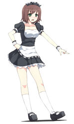  alternate_costume angry apron black_dress black_footwear brown_hair collarbone commentary_request dress enmaided female full_body girls_und_panzer green_eyes hida_ema highres lace lace-trimmed_dress lace_trim maid maid_apron maid_headdress mary_janes open_mouth photoshop_(medium) puffy_short_sleeves puffy_sleeves shoes short_hair short_sleeves simple_background socks solo srwsrx_(gp03dsrx) standing underbust white_background white_socks wristband 