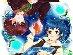  2boys apple blue_eyes blue_hair book campanella_(ginga_tetsudou_no_yoru) commentary_request flower food formal fruit ginga_tetsudou_no_yoru giovanni_(ginga_tetsudou_no_yoru) multiple_boys natsuo_(summer-oh) necktie night night_sky open_mouth red_eyes red_hair rotational_symmetry short_hair sky smile star_(sky) starry_sky suit vest 