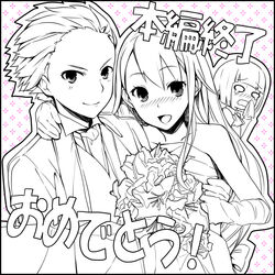  1boy 2girls akai_ringo_(ookami-san) bouquet carrying commentary_request couple dress flower formal greyscale long_hair monochrome morino_ryoushi multiple_girls ookami-san ookami_ryouko princess_carry short_hair straight suit takashiro_(takashiro_factory) translated wedding_dress 