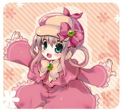  :d blue_eyes blush bow commentary_request cowboy_shot dress female floral_print frilled_sleeves frills hair_between_eyes hair_rings hat kosori_(dennoukitan) long_hair looking_at_viewer open_mouth outstretched_arms pink_background pink_bow pink_dress rounded_corners sherlock_shellingford sidelocks smile solo striped striped_background tantei_opera_milky_holmes wide_sleeves 