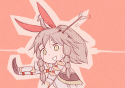  ahoge arrow_(projectile) arrow_in_body arrow_in_head bow braid brown_hair chibi commentary_request emma_(fire_emblem) female fire_emblem fire_emblem_cipher gauntlets gloves object_through_head open_mouth ponytail red_background solo third_(thirdstg) yellow_eyes 