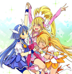  3girls aida_mana aoki_reika arm_up arm_warmers arms_up bad_id bad_pixiv_id bike_shorts blonde_hair blue_eyes blue_hair blue_skirt blush boots bow brooch choker closed_eyes cure_beauty cure_heart cure_sunshine curly_hair dokidoki!_precure head_wings heart heart_brooch heartcatch_precure! high_ponytail in-franchise_crossover interlocked_fingers jewelry long_hair magical_girl midriff multiple_girls myoudouin_itsuki noah_(livas) one_eye_closed orange_bow orange_choker photoshop_(medium) pink_arm_warmers pink_bow pink_footwear pink_sleeves ponytail precure red_eyes shorts shorts_under_skirt skirt smile smile_precure tiara trait_connection twintails wide_ponytail wings wrist_cuffs 