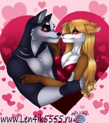  anthro breasts canid canine clothed clothing duo female fur hair heart_symbol hug len4ik555 male male/female mammal smile 