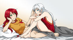  2girls bed blanket blue_eyes commentary_request green_eyes multiple_girls photoshop_(medium) pillow pyrrha_nikos red_hair rwby scar shirt t-shirt touching_forehead weiss_schnee white_hair yaya_(y8ay8a) yuri 