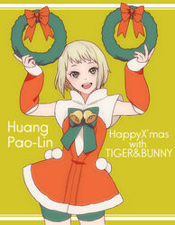  abe_(f!mixture) bad_id bad_pixiv_id bell blonde_hair christmas detached_sleeves female green_eyes huang_baoling ribbon short_hair shorts shorts_under_skirt solo tiger_&amp;_bunny wreath 