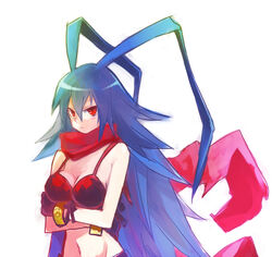  antenna_hair blue_hair blush bracelet breasts cleavage closed_mouth commentary_request crossed_arms disgaea disgaea_d2 female gaa_(butsugen) genderswap_(mtf) gloves groin hair_between_eyes jewelry laharl laharl-chan large_breasts long_hair navel red_eyes rule_63 scarf simple_background slit_pupils solo white_background 