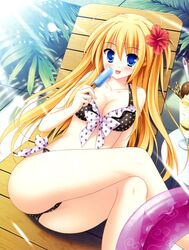  :d absurdres bikini black_bikini blonde_hair blue_eyes blush breasts chair cleavage crossed_legs diamic_days female flower food frilled_bikini frills front-tie_top hair_flower hair_ornament hatsushiba_kiba hibiscus highres innertube legs light_rays long_hair looking_at_viewer lounge_chair medium_breasts open_mouth polka_dot polka_dot_bikini popsicle sesena_yau side-tie_bikini_bottom sitting smile solo sunbathing sunbeam sunlight swim_ring swimsuit tongue 