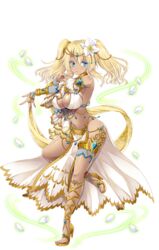  bare_shoulders blonde_hair blue_eyes breasts bridal_gauntlets cleavage collar cross-laced_sandals dark-skinned_female dark_skin female flower full_body hair_flower hair_ornament harem_outfit high_heels jewelry large_breasts looking_at_viewer midriff navel official_art pelvic_curtain petals sandals sennen_sensou_aigis solo tokinon transparent_background twintails vivian_(sennen_sensou_aigis) 