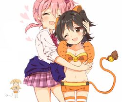  3girls :d ;d ^_^ akagi_miria animal_ears bell black_hair blonde_hair bow brown_eyes caracorn closed_eyes clothes_around_waist commentary_request cosplay hairbow hug idolmaster idolmaster_cinderella_girls jingle_bell jougasaki_mika jougasaki_rika jougasaki_rika_(cosplay) lion_ears lion_tail long_hair multiple_girls one_eye_closed open_mouth pink_hair plaid plaid_skirt school_uniform short_hair side_ponytail skirt smile sweater sweater_around_waist tail tail_bell tail_ornament two_side_up yuri 