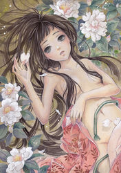  acrylic_paint_(medium) breasts brown_hair camellia commentary_request convenient_censoring dutch_angle eyelashes female flower grey_eyes hair_censor hair_over_breasts hands holding lips long_hair lying navel nude original painting_(medium) petals sad small_breasts solo toyoda_izumi traditional_media undressing 