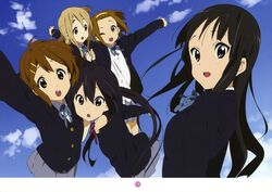  5girls :o absurdres akiyama_mio black_eyes black_hair brown_eyes brown_hair comiket_79 hair_ornament hairband highres hirasawa_yui horiguchi_yukiko jumping k-on! kotobuki_tsumugi long_hair multiple_girls nakano_azusa official_art one_eye_closed sakuragaoka_high_school_uniform scan school_uniform tainaka_ritsu twintails 