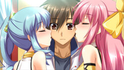  1boy 2girls blue_hair blush bow brown_eyes brown_hair cheek_kiss chouhou choukaku double_cheek_kiss game_cg girl_sandwich hongou_kazuto idol kissing koihime_musou multiple_girls pink_hair sandwiched school_uniform tan 