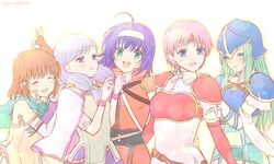  5girls ahoge armor bad_id bad_twitter_id bare_shoulders belt blue_armor blue_hair blush brown_hair commentary_request detached_sleeves fingerless_gloves fire_emblem fire_emblem:_path_of_radiance gloves green_eyes green_hair hairband hanasaki_komugi headband helmet ilyana_(fire_emblem) long_hair marcia_(fire_emblem) mia_(fire_emblem) mist_(fire_emblem) multiple_girls nephenee_(fire_emblem) open_mouth purple_hair short_hair smile white_hairband 