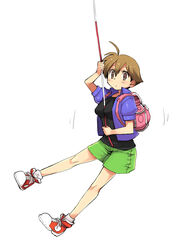  ahoge backpack bag between_breasts breasts brown_eyes brown_hair female fishing_line green_shorts highres legs shoes short_hair shorts sneakers solo umihara_kawase umihara_kawase_(character) yu_65026 