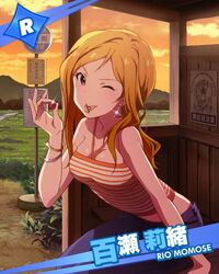  ;p bracelet brown_eyes brown_hair character_name cherry cherry_stem_knot commentary_request earrings female food fruit idolmaster idolmaster_million_live! jewelry long_hair looking_at_viewer momose_rio official_art one_eye_closed solo sunset tongue tongue_out 