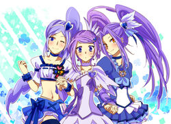  3girls aono_miki bad_id bad_pixiv_id black_legwear blue_background blue_choker blue_skirt blue_wrist_cuffs blush brooch choker club_(shape) color_connection cure_beat cure_berry cure_sword diamond_(shape) dokidoki!_precure fresh_precure! frills hair_color_connection hair_ornament hairband hairpin heart heart_brooch heart_hair_ornament high_side_ponytail holding_hands in-franchise_crossover interlocked_fingers jewelry kenzaki_makoto kurokawa_eren long_hair look-alike magical_girl midriff multiple_girls navel noah_(livas) photoshop_(medium) precure purple_arm_warmers purple_choker purple_eyes purple_hair purple_skirt seiren_(suite_precure) short_hair side_ponytail skirt smile spade_hair_ornament suite_precure thighhighs wrist_cuffs yellow_eyes 