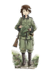  bandages blood boots brown_hair bugle closed_eyes commentary_request female gun helmet helvetian_military_uniform injury instrument military military_uniform partial_commentary pointing rifle short_hair solo sora_no_woto sorami_kanata uniform w_k_z167 weapon 