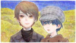  2boys blue_eyes blue_hair brown_hair cabbie_hat campanella_(ginga_tetsudou_no_yoru) coat commentary_request day formal ginga_tetsudou_no_yoru giovanni_(ginga_tetsudou_no_yoru) green_eyes hat male_focus maromi_(osake859) multiple_boys open_mouth photoshop_(medium) sky suit turtleneck wheat_field 