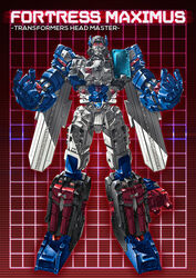  1980s_(style) 1boy autobot cannon character_name commentary_request copyright_name fortress_maximus full_body glowing glowing_eyes grid grid_background insignia looking_at_viewer mecha no_humans paintedmike photoshop_(medium) red_background red_eyes retro_artstyle robot solo standing transformers transformers:_the_headmasters weapon 