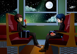  2boys apple bag blue_eyes blue_hair campanella_(ginga_tetsudou_no_yoru) charm_(object) commentary_request crying eating food fruit full_moon gakuran ginga_tetsudou_no_yoru giovanni_(ginga_tetsudou_no_yoru) moon multiple_boys night night_sky open_mouth photoshop_(medium) planet red_eyes red_hair school_bag school_uniform sekiguchi_ao short_hair sitting sky star_(sky) starry_sky tears train_interior 