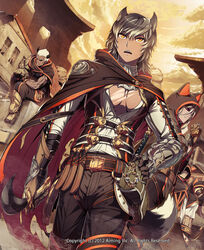  5boys animal_ears animal_hood armor bad_id bad_pixiv_id belt brown_footwear brown_gloves brown_sky cape cat_hood cloud commentary_request dark-skinned_male dark_skin dated dog_ears faceless faceless_male gloves hand_on_own_hip hood horns knife kyousin lord_of_knights male_focus multiple_boys muscular official_art outdoors photoshop_(medium) pouch ruins sheath sheathed sitting standing tail white_hair 