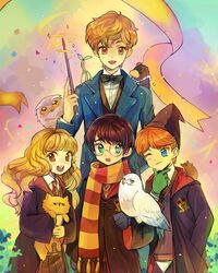  4boys blue_eyes bowtie bowtruckle brown_eyes brown_hair crest crookshanks demiguise fantastic_beasts_and_where_to_find_them feline female glasses gloves green_eyes green_gloves harry_james_potter harry_potter hat hedwig hermione_granger multiple_boys necktie newt_scamander niffler open_mouth orange_hair owl pleated_skirt rat robes ron_weasley scabbers scarf school_uniform smile striped_necktie striped_scarf time_paradox waistcoat wand wink 