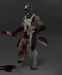  almos-tiroshi anthro apron blood bodily_fluids canid canine cleaver_(knife) clothing cutlery fur hair kitchen_knife kitchen_utensils knife looking_at_viewer male mammal nipples open_mouth solo standing tools 