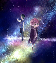  2boys black_hair blue_eyes brown_hair campanella_(ginga_tetsudou_no_yoru) commentary_request flying_train ginga_tetsudou_no_yoru giovanni_(ginga_tetsudou_no_yoru) multiple_boys nebula necktie night night_sky scarf short_hair sky space star_(sky) starry_sky sweater_vest train vest yamanoekubo 