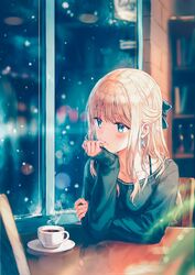  blonde_hair blue_eyes blue_ribbon blurry blush bokeh bra_strap cafe chair coffee collarbone commentary cup depth_of_field duplicate earrings elbows_on_table female hair_ribbon half_updo hand_on_own_arm hand_on_own_chin head_rest highres hiten_(hitenkei) indoors jewelry kagurazaka_reina long_hair long_sleeves looking_away looking_outside looking_to_the_side md5_mismatch off_shoulder original resolution_mismatch ribbon saucer sitting sleeves_past_wrists snow solo source_larger steam sweater table teacup upper_body window wistful 