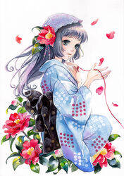  bonnet camellia commentary_request expressionless female flower from_side hair_flower hair_ornament japanese_clothes kimono obi original petals sash solo string string_of_fate thread toyoda_izumi traditional_media 