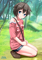  1972 ahoge alternate_hairstyle blue_eyes blush brown_hair casual commentary_request female grass hair_flaps highres kantai_collection kaze_makase kneeling looking_at_viewer off_shoulder outdoors shigure_(kancolle) shigure_kai_ni_(kancolle) signature smile solo tree twitter_username 