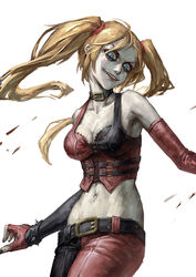  animification batman:_arkham_city batman_(series) belt blonde_hair blue_eyes breasts collar commentary_request crop_top dc_comics elbow_gloves female fingerless_gloves gloves harley_quinn long_hair looking_at_viewer medium_breasts midriff navel parted_lips photoshop_(medium) smile solo twintails white_background yinanhuanle 