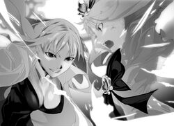  2girls breasts brooch cleavage commentary_request cure_marine cure_marine_mirage dual_persona greyscale heart heart_brooch heartcatch_precure! highres hybrid_pandap jewelry kurumi_erika magical_girl medium_breasts mirage_precure monochrome multiple_girls photoshop_(medium) precure 