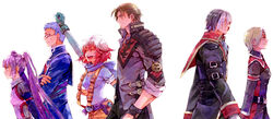  3boys 3girls arm_up black_hair blonde_hair blue_hair blue_shirt brown_hair commentary_request facial_hair glasses goatee_stubble gradient_hair hubert_ozwell kurt_(tales) malik_caesars military military_uniform multicolored_hair multiple_boys multiple_girls pascal_(tales) purple_hair red_hair ritsuko_(rittii) roberia_(tales) shirt sophie_(tales) stubble tales_of_(series) tales_of_graces twintails uniform white_background white_hair 