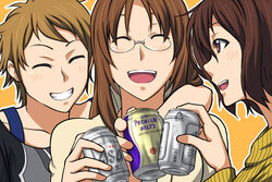  3girls alcohol beer blonde_hair brown_eyes brown_hair can closed_eyes commentary_request glasses grin k-on! kawaguchi_norimi kawakami_(k-on!) long_hair multiple_girls natsumi_chorisuke short_hair smile yamanaka_sawako 