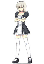  alternate_costume black_dress black_footwear blue_eyes breasts choker cleavage closed_mouth collarbone commentary_request crossed_arms dress enmaided female frilled_dress frills full_body girls_und_panzer grey_hair highres itsumi_erika long_hair maid maid_headdress mary_janes medium_breasts puffy_short_sleeves puffy_sleeves shoes short_sleeves simple_background solo srwsrx_(gp03dsrx) standing thighhighs white_background white_thighhighs zettai_ryouiki 