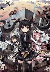  1boy 2girls black_hair black_thighhighs blazer brown_hair flower golf_club green_eyes hair_ribbon jacket kooh lucia_(pangya) multiple_girls necktie non-web_source nuri nyanya pangya pink_eyes pink_hair red_eyes ribbon ship skirt thighhighs twintails watercraft white_thighhighs 