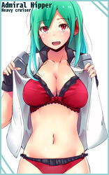  admiral_hipper_(warship_girls_r) bad_id bad_pixiv_id black_gloves blue_border blush border bow bra breasts character_name cleavage collarbone commentary_request female fingerless_gloves gloves green_hair large_breasts long_hair looking_at_viewer navel open_clothes open_mouth open_shirt panties red_bow red_bra red_eyes red_panties shirt simple_background solo tirasi_(so) underwear undressing upper_body warship_girls_r white_background white_shirt 