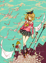  black_socks blonde_hair closed_eyes cloud commentary_request envelope female hair_ornament hair_ribbon hairclip highres kagamine_rin kneehighs lamppost letter love_letter photoshop_(medium) plaid plaid_skirt ribbon school_uniform shino_(syllable) short_hair shuumatsu_ga_yattekuru!_(vocaloid) skirt sky socks solo vocaloid wings 