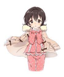  :o akagi_miria black_hair blush brown_eyes buttons caracorn commentary_request female highres idolmaster idolmaster_cinderella_girls jacket jacket_on_shoulders long_sleeves looking_at_viewer open_mouth pajamas polka_dot polka_dot_pajamas short_hair simple_background solo standing white_background winter_clothes 