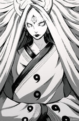  byakugan female long_hair monochrome naruto naruto_shippuuden ootsutsuki_kaguya otsutsuki_kaguya rinne_sharingan rousteinire solo 