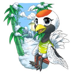  animal_crossing bamboo blue_eyes bubonikku cloud commentary_request day feathered_wings female furry furry_female gladys_(animal_crossing) open_mouth rock simple_background sitting sky snow solo white_background wings 