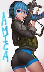  ammunition_pouch ass assault_rifle bad_id bad_pixiv_id bandage_on_face bandages bike_shorts blue_eyes blue_gloves blue_hair buckle bullet bypos cartridge female fingerless_gloves gloves gun headset highres holding holding_gun holding_weapon load_bearing_vest mole mole_under_eye original photoshop_(medium) pouch rifle short_hair snap-fit_buckle solo trigger_discipline vz._58 weapon 