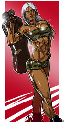  abs armband bag bandaid bare_shoulders black_panties breasts camouflage cleavage commentary dark-skinned_female dark_skin duffel_bag english_commentary female fingerless_gloves ganassa gloves hand_on_own_hip highleg highleg_panties highres large_breasts long_hair navel panties photoshop_(medium) shiny_skin short_shorts shorts silver_hair solo standing strapless thick_thighs thighs toned tube_top underwear vanessa_lewis virtua_fighter 