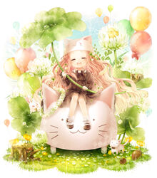  :3 acorn animal animal_hat balloon bird cat_hat closed_eyes clover clover_(flower) commentary_request dress feline female flower four-leaf_clover hat head_wreath long_hair mary_janes megurine_luka megurine_luka_(toeto) meiriel nature open_mouth pink_hair rabbit ribbon shoes sitting smile socks solo squirrel tears toeto_(vocaloid) tree_stump vocaloid wavy_hair 