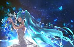  aqua_hair bonnou-s-rice bug butterfly closed_eyes colored_eyelashes commentary_request dress eyelashes female hatsune_miku long_hair makeup night profile skull solo tears very_long_hair vocaloid 