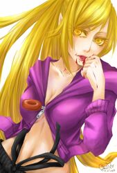  bad_id bad_pixiv_id blonde_hair blood breasts female hood hoodie kiss-shot_acerola-orion_heart-under-blade long_hair monogatari_(series) navel nisemonogatari oshino_shinobu pointy_ears shirubia yellow_eyes 