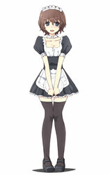  akaboshi_koume alternate_costume apron black_dress black_footwear black_thighhighs blue_eyes blush brown_hair choker collarbone commentary_request dress enmaided female full_body girls_und_panzer highres lace lace-trimmed_dress lace_trim maid maid_apron maid_headdress mary_janes open_mouth pleated_dress puffy_short_sleeves puffy_sleeves shoes short_sleeves simple_background smile solo srwsrx_(gp03dsrx) standing thighhighs tray wavy_hair white_background zettai_ryouiki 