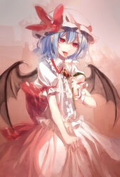  60mai bat_wings blue_hair bow commentary_request dress female flower hat hat_bow lily_(flower) looking_at_viewer nectar red_eyes remilia_scarlet sexually_suggestive short_hair smile solo tongue tongue_out touhou wings 